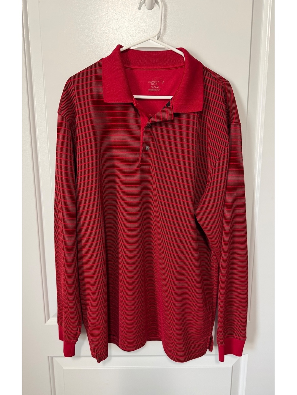 Champion Tour Preppy Golf  XL Red and Black Striped Long Sleeve Polo Shirt